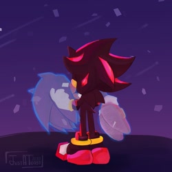Size: 2048x2048 | Tagged: safe, artist:justatoast, shadow the hedgehog, sonic the hedgehog, sonic prime, 2023, abstract background, carrying them, duo, signature, sonic prime s3, standing