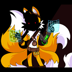 Size: 1280x1280 | Tagged: safe, artist:vanuzvat, miles "tails" prower, alternate universe, au:creator tails, black background, hologram screen, looking at viewer, red eyes, shadowed face, simple background, solo, standing