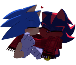Size: 2048x1770 | Tagged: safe, artist:m9nwh0r3, shadow the hedgehog, sonic the hedgehog, blushing, bust, christmas, cute, duo, eyes closed, gay, heart, kiss on cheek, scarf, shadow x sonic, shadowbetes, shipping, simple background, sonabetes, transparent background