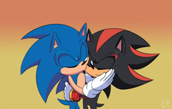 Size: 1000x634 | Tagged: safe, artist:fennecp, shadow the hedgehog, sonic the hedgehog, cute, duo, eyes closed, gay, gradient background, holding each other, idw style, kiss on cheek, shadow x sonic, shipping, signature, smile, standing
