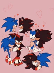 Size: 640x868 | Tagged: safe, artist:glitchedcosmos, shadow the hedgehog, sonic the hedgehog, duo, gay, heart, holding each other, holding them, kiss, kiss on cheek, lidded eyes, looking at each other, pink background, shadow x sonic, shipping, simple background