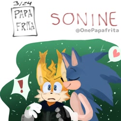 Size: 1378x1378 | Tagged: safe, artist:onepapafrita, miles "tails" prower, nine, sonic the hedgehog, sonic prime, 2024, abstract background, duo, exclamation mark, gay, heart, holding them, mouth open, nine x sonic, nuzzle, ship name, shipping, signature, smile, sonic x tails, surprised