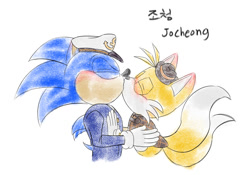 Size: 2000x1400 | Tagged: safe, artist:jocheong5, miles "tails" prower, sonic the hedgehog, the murder of sonic the hedgehog, 2023, alternate version, blushing, blushing ears, duo, eyes closed, gay, holding each other, kiss, shipping, signature, simple background, sonic x tails, white background