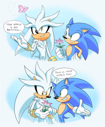 Size: 2048x2472 | Tagged: safe, artist:siggiedraws, silver the hedgehog, sonic the hedgehog, butterfly, dialogue, duo, english text, flower, gay, holding something, literal animal, shipping, smile, sonilver, standing, wink