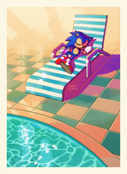 Size: 876x1196 | Tagged: safe, artist:mary-venom, sonic the hedgehog, sonic adventure, abstract background, classic sonic, daytime, outdoors, pool, signature, sleeping, solo