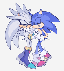 Size: 900x1000 | Tagged: safe, artist:siggiedraws, silver the hedgehog, sonic the hedgehog, duo, eyes closed, gay, grey background, holding hands, shipping, simple background, smile, sonilver, standing