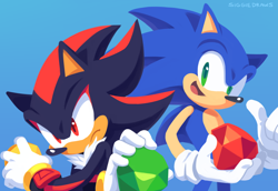 Size: 2048x1405 | Tagged: safe, artist:siggiedraws, shadow the hedgehog, sonic the hedgehog, hedgehog, blue background, chaos emerald, duo, duo male, frown, holding something, lineless, looking at viewer, looking offscreen, male, males only, signature, simple background, smile, standing
