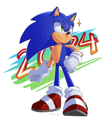Size: 1353x1494 | Tagged: safe, artist:spacecolonie, sonic the hedgehog, 2024, abstract background, looking offscreen, outline, smile, solo, sparkles, standing