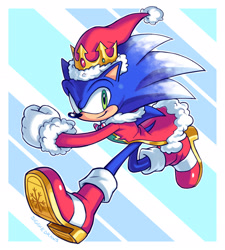 Size: 2048x2276 | Tagged: safe, artist:siggiedraws, sonic the hedgehog, abstract background, border, christmas outfit, running, santa hat, smile, solo