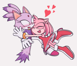 Size: 1100x943 | Tagged: safe, artist:rodka_sth, amy rose, blaze the cat, cat, hedgehog, 2023, amy x blaze, amy's halterneck dress, blaze's tailcoat, blushing, cute, eyes closed, female, females only, hearts, hugging, lesbian, looking at them, shipping