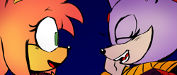 Size: 1349x580 | Tagged: safe, artist:mysuperlaserpiss, amy rose, blaze the cat, amy x blaze, blue background, duo, eyes closed, lesbian, looking at them, mouth open, shipping, simple background, smile