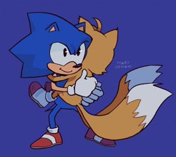 Size: 1698x1517 | Tagged: safe, artist:mary-venom, miles "tails" prower, sonic the hedgehog, adventures of sonic the hedgehog, duo, hugging, purple background, redraw, signature, simple background, smile, standing
