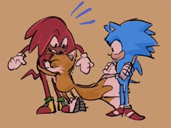 Size: 1255x937 | Tagged: safe, artist:mary-venom, knuckles the echidna, miles "tails" prower, sonic the hedgehog, arms folded, beige background, hugging, standing, surprise hug, surprised, team sonic, trio
