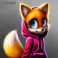 Size: 512x512 | Tagged: safe, ai art, artist:mobians.ai, miles "tails" prower, 2024, cute, gradient background, hoodie, lineless, looking offscreen, prompter:taeko, realistic, smile, solo, standing, trans female, transgender, whiskers