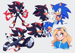 Size: 2048x1463 | Tagged: safe, artist:rasbbe, maria robotnik, shadow the hedgehog, sonic the hedgehog, hedgehog, human, blushing, frown, grey background, motorcycle, redraw, shadow the hedgehog (video game), signature, simple background, smile, sweatdrop, trio