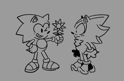 Size: 1081x707 | Tagged: safe, artist:project-sonadow, shadow the hedgehog, sonic the hedgehog, blushing, chibi, cute, duo, flower, gay, grey background, holding something, line art, looking at each other, looking at them, shadow x sonic, shipping, simple background, standing, sunflower, wink