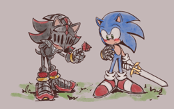 Size: 2048x1283 | Tagged: safe, artist:thel0llip0p, shadow the hedgehog, sonic the hedgehog, blushing, duo, flower, gay, grass, grey background, holding something, rose, shadow x sonic, shipping, simple background, sir lancelot, standing, sword