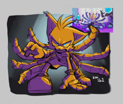 Size: 1625x1375 | Tagged: safe, artist:kai_sh1, miles "tails" prower, nine, sonic prime, abstract background, redraw, reference inset, signature, solo