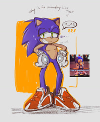 Size: 1055x1292 | Tagged: safe, artist:kai_sh1, sonic the hedgehog, sonic prime, abstract background, english text, hands on hips, lidded eyes, redraw, reference inset, smile, solo, standing, sweatdrop, top surgery scars, trans male, transgender