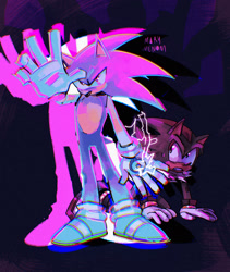 Size: 1610x1911 | Tagged: safe, artist:mary-venom, shadow the hedgehog, sonic the hedgehog, abstract background, duo, gay, protecting, shadow x sonic, shipping, signature, sonic prime s3, standing