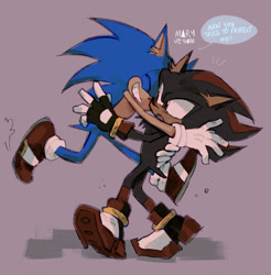 Size: 2000x2030 | Tagged: safe, artist:mary-venom, shadow the hedgehog, sonic the hedgehog, dialogue, duo, english text, gay, holding them, hugging, shadow x sonic, shipping, signature, simple background, sonic prime s3, standing