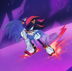 Size: 1500x1486 | Tagged: safe, artist:mary-venom, shadow the hedgehog, sonic the hedgehog, abstract background, carrying them, duo, frown, gay, shadow x sonic, shipping, signature, skating, sonic prime s3