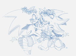 Size: 843x625 | Tagged: safe, artist:sonadowdaily, shadow the hedgehog, sonic the hedgehog, duo, flower, flower crown, frown, gay, grey background, kneeling, looking at each other, question mark, shadow x sonic, shipping, simple background, sitting, smile, sparkles, top surgery scars, trans male, transgender