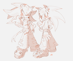 Size: 1059x888 | Tagged: safe, artist:sonadowdaily, shadow the hedgehog, sonic the hedgehog, blushing, clothes, duo, ear fluff, ear piercing, earring, gay, pointing, shadow x sonic, shipping, smile, standing, trainers, trans male, transgender