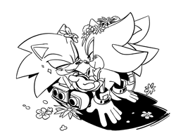 Size: 2048x1616 | Tagged: safe, artist:project-sonadow, shadow the hedgehog, sonic the hedgehog, black and white, commission, cute, duo, eyes closed, flower, flower crown, gay, lidded eyes, looking at them, shadow x sonic, shipping, simple background, sitting, smile, white background