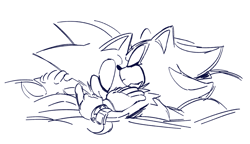 Size: 1489x859 | Tagged: safe, artist:project-sonadow, shadow the hedgehog, sonic the hedgehog, bed, duo, eyes closed, gay, holding each other, line art, lying down, pillow, shadow x sonic, shipping, simple background, sleeping, smile, snuggling, white background