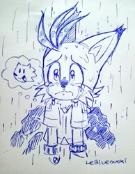 Size: 793x1024 | Tagged: safe, artist:lebluenooki, miles "tails" prower, nine, sonic prime, 2024, crying, frown, line art, rain, sad, solo, tears, tears of sadness, traditional media