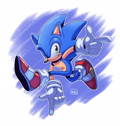 Size: 1959x2048 | Tagged: safe, artist:thenovika, sonic the hedgehog, 2024, abstract background, outline, pointing, signature, smile, solo, wink