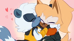 Size: 1800x1000 | Tagged: safe, artist:shipslucia, tangle the lemur, whisper the wolf, 2023, cute, duo, eyes closed, heart, holding them, kiss on cheek, lesbian, shipping, tangle x whisper