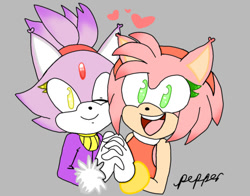 Size: 540x424 | Tagged: safe, artist:butterislife, amy rose, blaze the cat, cat, hedgehog, 2022, amy x blaze, amy's halterneck dress, blaze's tailcoat, cute, female, females only, hearts, lesbian, looking at viewer, mouth open, one eye closed, shipping