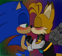Size: 1500x1350 | Tagged: safe, artist:riri_galpal, miles "tails" prower, nine, sonic the hedgehog, sonic prime, 2024, blushing, dark, duo, eyes closed, gay, gradient background, heart eyes, holding them, imminent kissing, lidded eyes, looking at them, nine x sonic, shipping, signature, sonic x tails