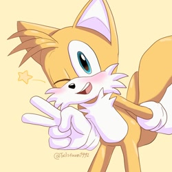 Size: 1280x1280 | Tagged: safe, artist:tailsfann1992, miles "tails" prower, 2024, blushing, looking at viewer, mouth open, simple background, smile, solo, standing, star (symbol), v sign, wink, yellow background