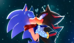 Size: 2048x1191 | Tagged: safe, artist:shady_tr, shadow the hedgehog, sonic the hedgehog, 2024, blushing, duo, gay, heart, holding hands, kiss, scarf, shadow x sonic, shipping, signature, snow, standing, sweatdrop
