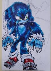 Size: 1475x2048 | Tagged: safe, artist:soramotsuchi, sonic the hedgehog, 2024, looking offscreen, solo, sonic the werehog, standing, traditional media, werehog