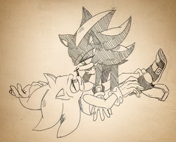 Size: 1280x1036 | Tagged: safe, artist:kyul_lyang, shadow the hedgehog, sonic the hedgehog, 2024, duo, gay, lidded eyes, looking at each other, lying down, shadow x sonic, shipping, traditional media