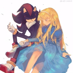 Size: 1600x1600 | Tagged: safe, artist:lazy_kun__, maria robotnik, shadow the hedgehog, human, 2024, duo, female, holding hands, leaf, male, signature, simple background, sitting, smile, white background