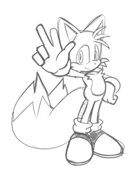 Size: 1600x2000 | Tagged: safe, artist:fixstern star, miles "tails" prower, fox, 2024, hand on hip, line art, looking at viewer, male, simple background, smile, solo, standing, v sign, white background