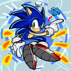 Size: 2048x2048 | Tagged: safe, artist:weird0alffu, sonic the hedgehog, 2024, abstract background, chaos emerald, signature, smile, solo, uekawa style