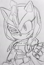 Size: 1389x2048 | Tagged: safe, artist:randomguy9991, amy rose, sonic prime, 2024, clenched fist, cyborg, frown, looking offscreen, partially roboticized, pencilwork, rusty rose, solo, traditional media