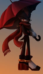Size: 820x1400 | Tagged: safe, artist:ghostie_berry, shadow the hedgehog, 2024, glowing eyes, gradient background, holding something, lidded eyes, scarf, signature, solo, standing, umbrella