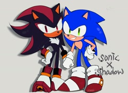 Size: 2048x1491 | Tagged: safe, artist:atonrg, shadow the hedgehog, sonic the hedgehog, 2024, duo, english text, frown, gay, grey background, holding hands, looking at viewer, shadow x sonic, shipping, simple background, smile, standing