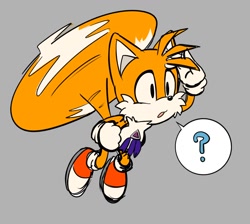Size: 1156x1036 | Tagged: safe, artist:frogletcomics, miles "tails" prower, sonic adventure, 2024, :o, flat colors, flying, grey background, looking offscreen, question mark, rhythm badge, simple background, solo, spinning tails