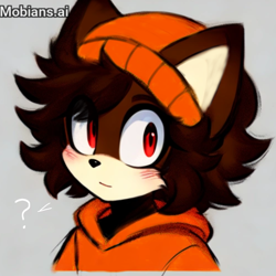 Size: 2048x2048 | Tagged: safe, ai art, artist:mobians.ai, oc, oc:tory fox, fox, 2024, beanie, blushing, female, grey background, hoodie, lesbian, looking at viewer, prompter:taeko, question mark, red eyes, simple background, solo, trans female, transgender
