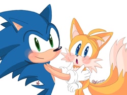 Size: 1024x768 | Tagged: safe, artist:giaoux, miles "tails" prower, sonic the hedgehog, 2024, :o, cute, duo, holding them, looking at viewer, mouth open, signature, simple background, smile, standing, tailabetes, white background