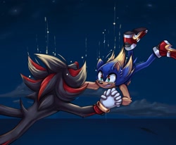 Size: 2048x1685 | Tagged: safe, artist:circuscoyote, shadow the hedgehog, sonic the hedgehog, sonic adventure 2, 2024, abstract background, alternate ending, clouds, duo, falling, gay, holding hands, looking at each other, nighttime, shadow x sonic, shipping, smile, soap shoes