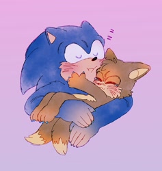 Size: 1943x2047 | Tagged: safe, artist:spinningwannabe, miles "tails" prower, sonic the hedgehog, 2024, aged down, blushing, duo, eyes closed, heart, holding them, purple background, simple background, sleeping, zzz